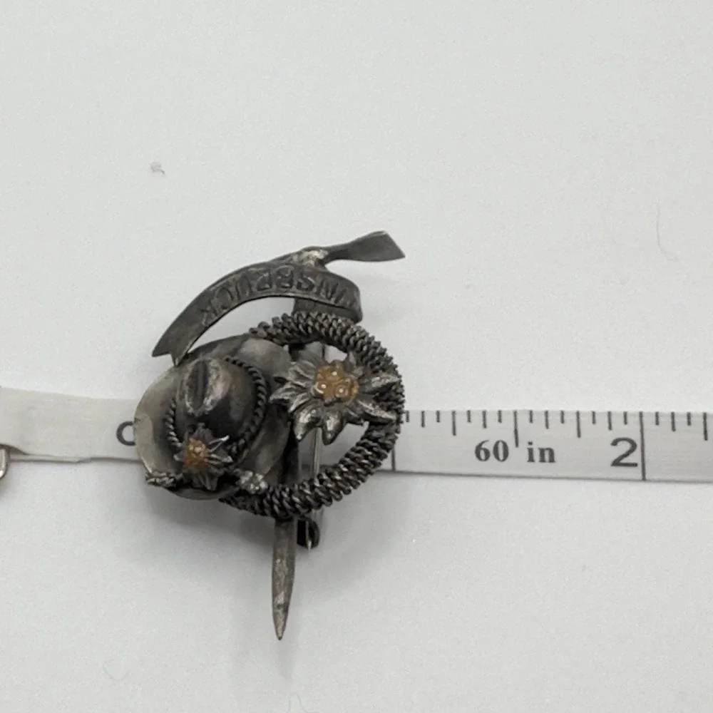 Vintage Innsbruck Austria Souvenir Brooch Edelweiss Hat Alpine Silver Tone 60s